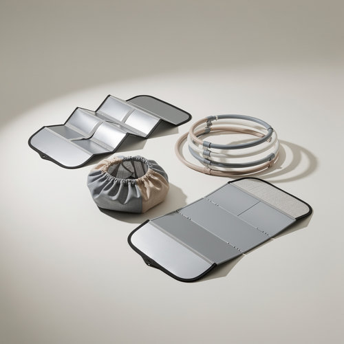 Pare-soleil — OBG.PUB Pare-soleils publicitaires pliables et rigides en aluminium argenté, polyester et PET