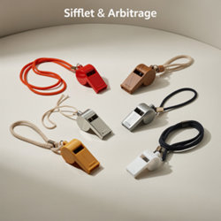 Sifflets publicitaires personnalisables en plastique, métal, aluminium et bois avec cordon