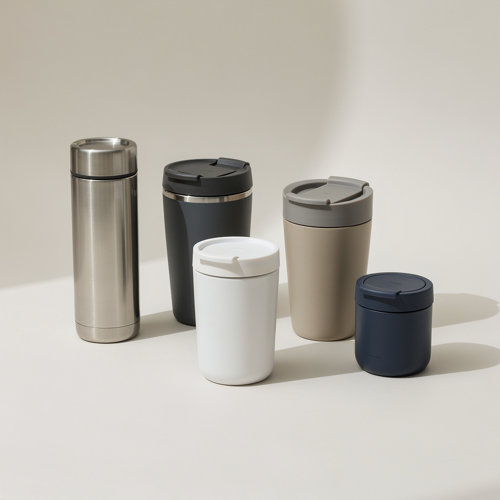 Travel mugs publicitaires personnalisables en inox simple et double paroi, versions bambou