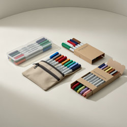 Feutres publicitaires personnalisables en set ou pochette carton recyclé, encres lavables