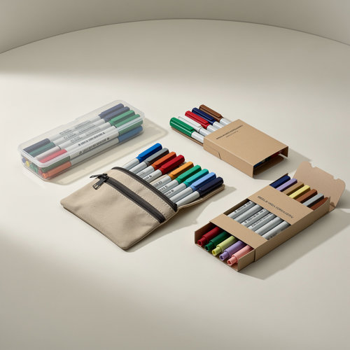 Feutres publicitaires personnalisables en set ou pochette carton recyclé, encres lavables
