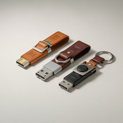 Clés USB publicitaires en cuir véritable, cuir recomposé et simili coloris noir, brun et cognac