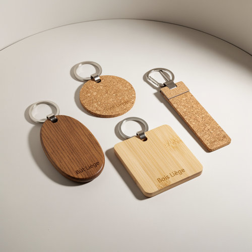 Bois & Liège — OBG.PUB Porte-clés bois publicitaires en hêtre, bambou et liège gravés au laser