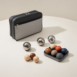 Jeu de pétanque publicitaire personnalisable avec logo Jeux de pétanque publicitaires en boules métal ou bois avec étui nylon, RPET ou coton