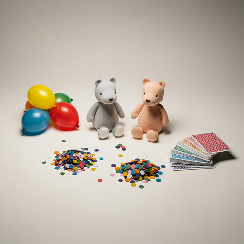 Objets de fête publicitaires : peluches en polyester et RPET, ballons, jeux de cartes et confettis