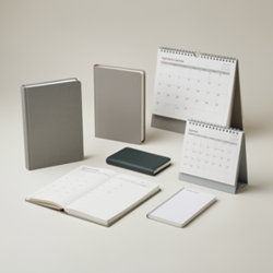 Agendas publicitaires personnalisables en simili-cuir, toile et papier recyclé avec calendriers