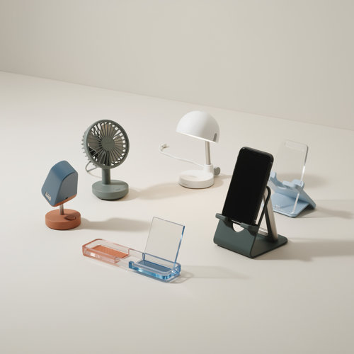 Gadgets de bureau publicitaires en plastique, métal et bambou : ventilateurs USB, lampes et supports