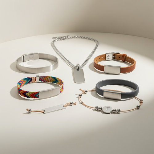 Bijoux publicitaires personnalisables en métal, cuir, tissu tressé, perles et silicone