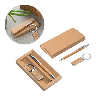 Stylo et porte-clés en métal et en liège Stylis Naturel