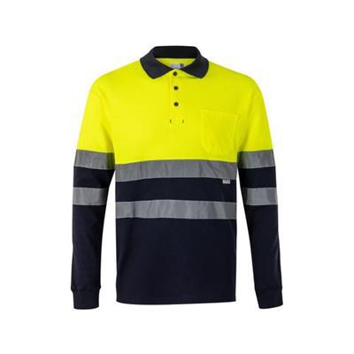 Polo piqué bicolore à manches longues en coton Feg Jaune / Bleu marine