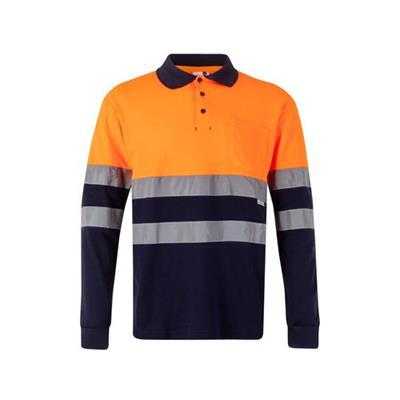 Polo piqué bicolore à manches longues en coton Feg Orange / Bleu marine