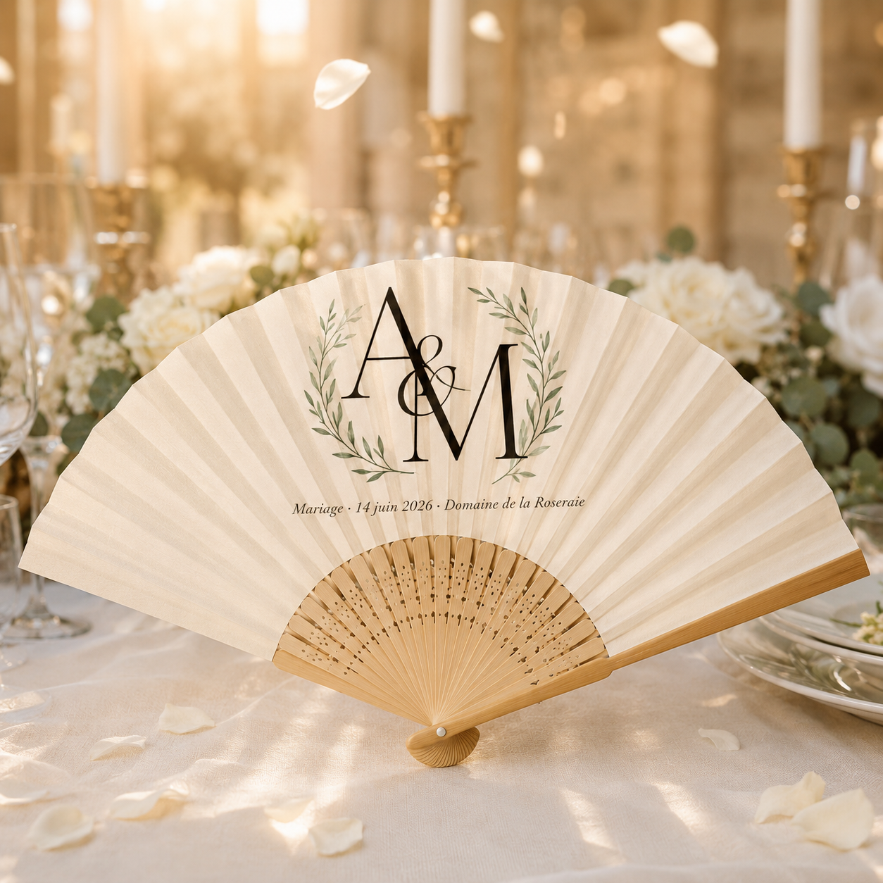 Éventail Sakura personnalisé pour mariage corporate avec monogramme